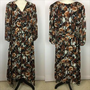 Danny & Nicole Midi Dress Size 14 Womans Brown Floral V-Neck Long Sleeve Belted